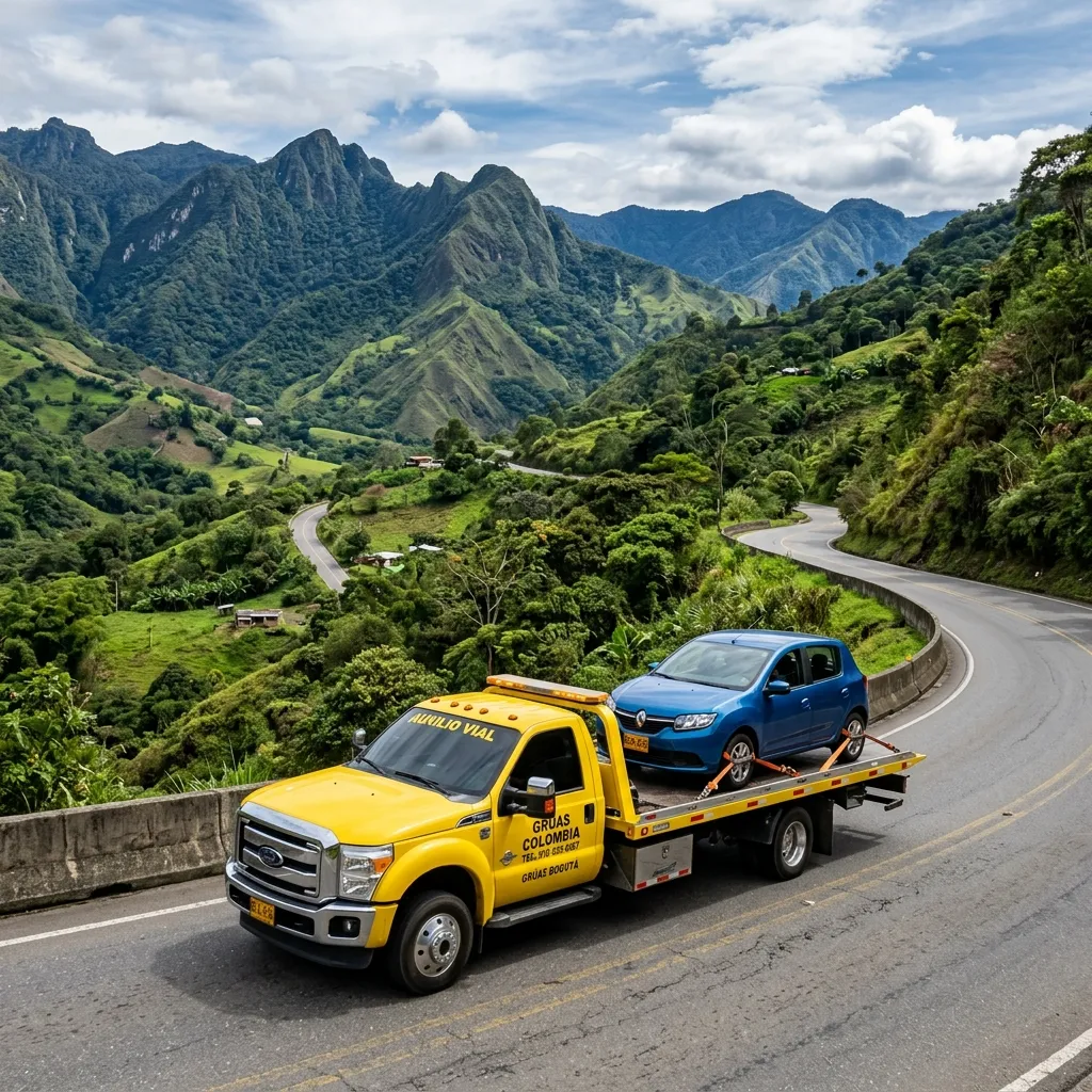 Grúa de planchón amarillo en montaña colombiana