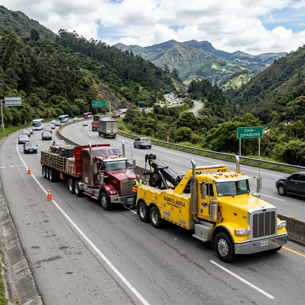 Grúa de rescate en carretera con clima lluvioso
