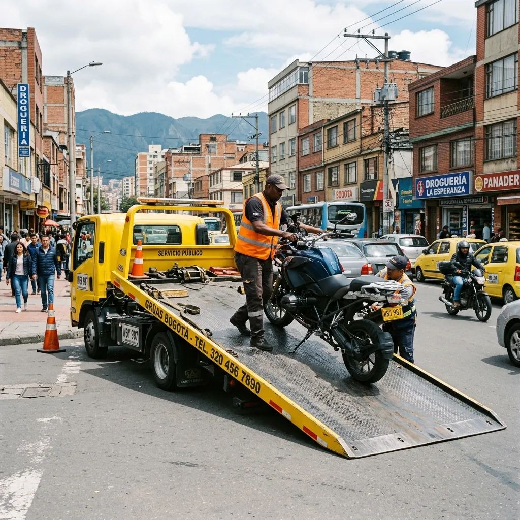 Grúa cargando motocicleta en Bogotá